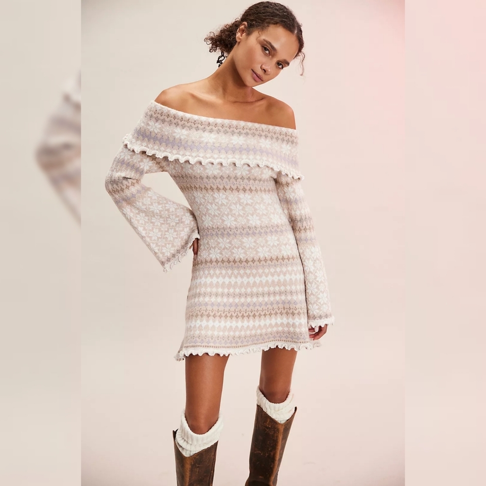 Free People Fiona Fair Isle Mini Sweater Dress Neutral Combo Women's Size XL